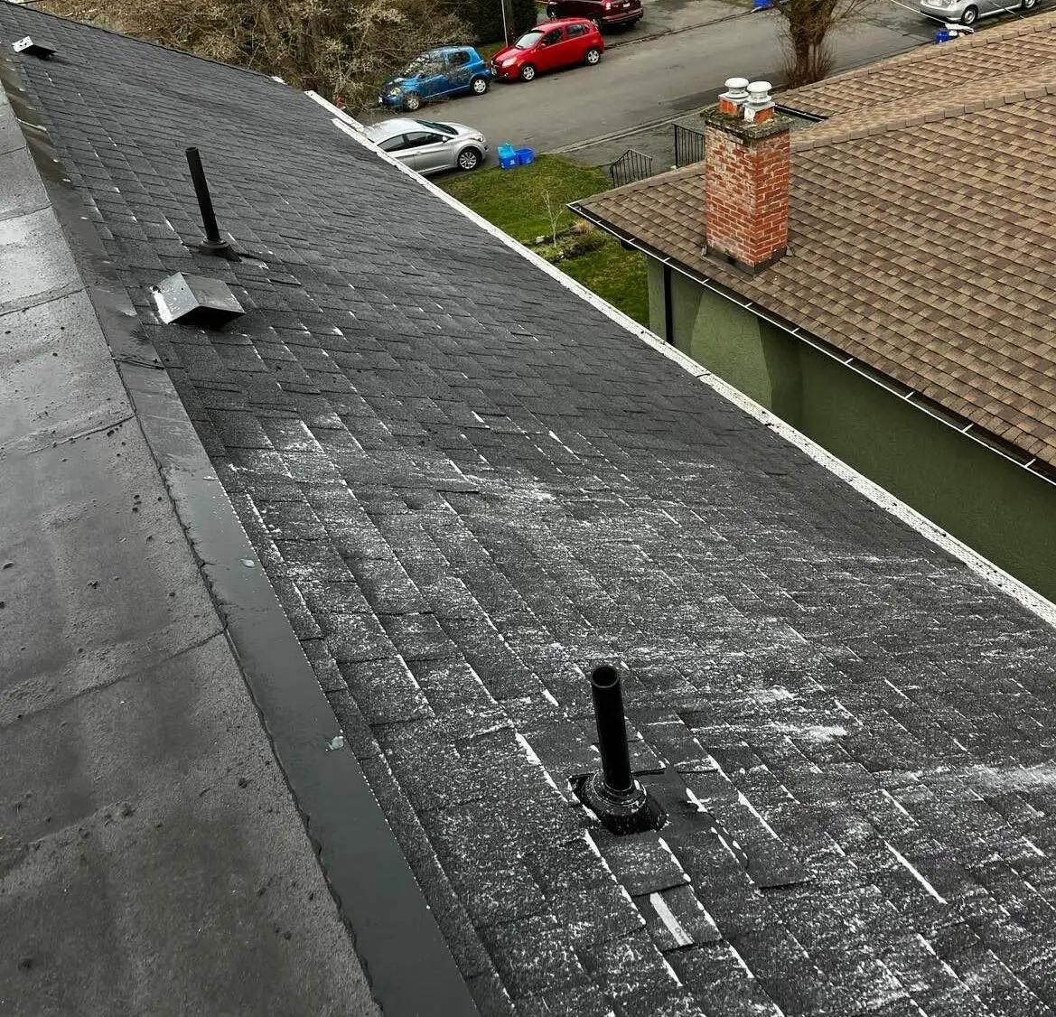 340158135_1166565040709256_6679036714975115795_n White foaming action of treatment spray applied to a roof during moss and algae removal.