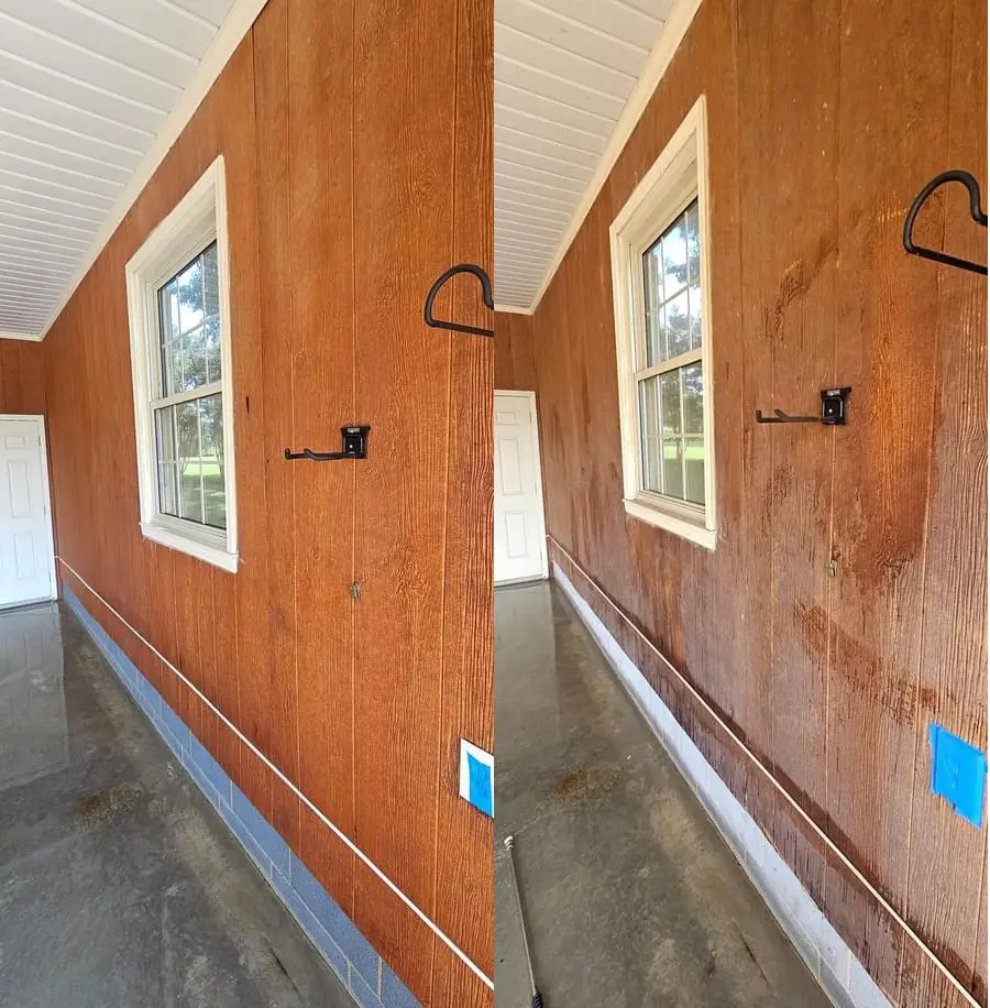 Home 7 Before and after comparison of a soft wash, showcasing the removal of dirt, grime and stains.