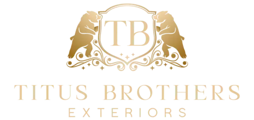 Titus Brothers Exteriors gold and black logo with two bears holding a shield featuring the initials 'TB.
