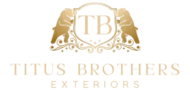 Titus Brothers Exteriors gold and black logo with two bears holding a shield featuring the initials 'TB.
